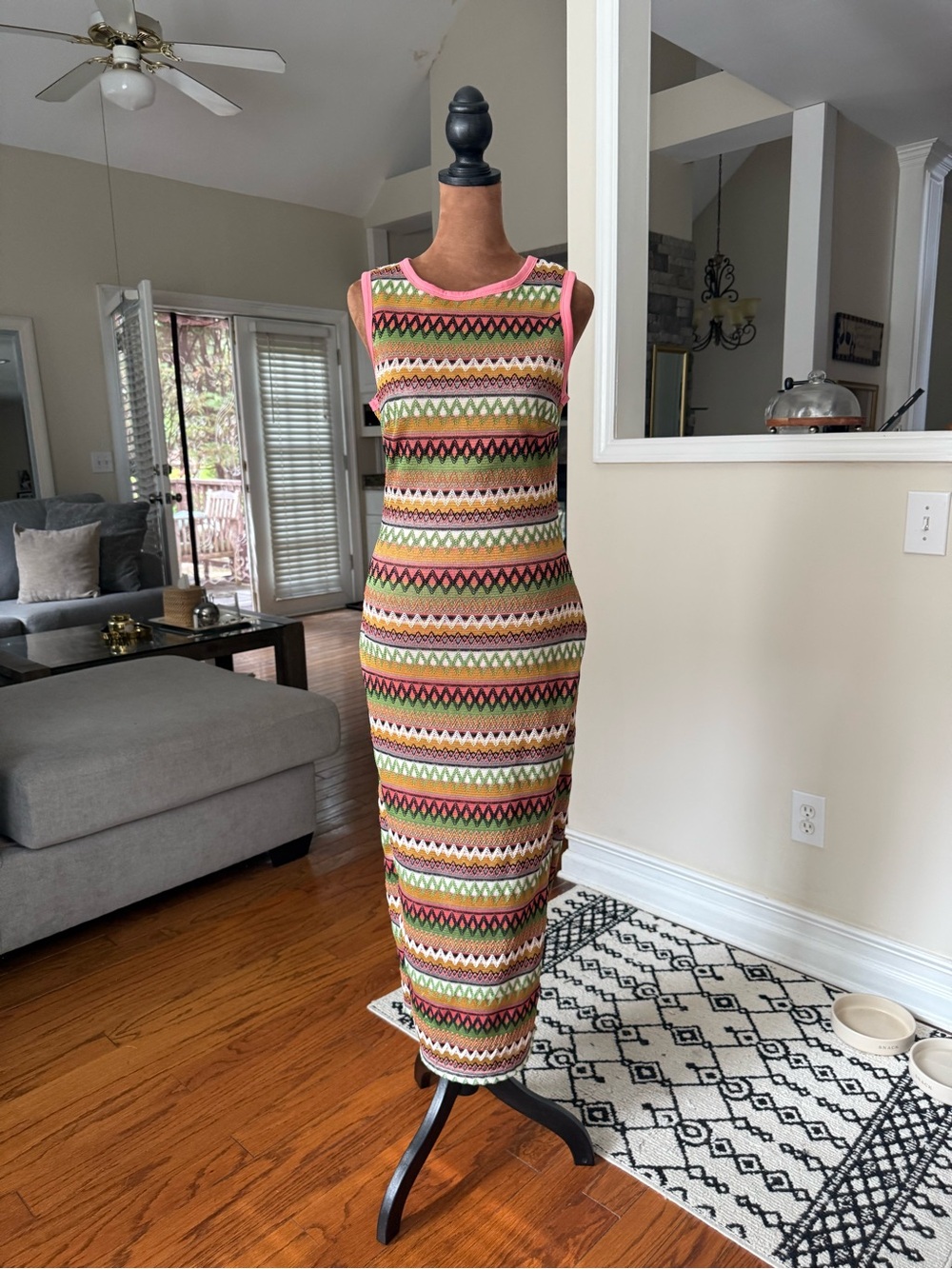 Sleeveless Multicolor Stripe Knit Maxi Dress with Pink Trim